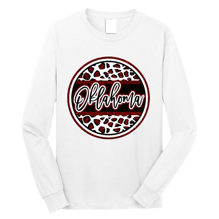 Oklahoma Leopard Ok Varsity Style Red Text Long Sleeve Shirt