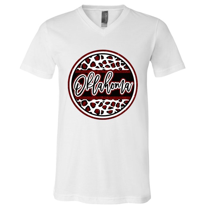 Oklahoma Leopard Ok Varsity Style Red Text V-Neck T-Shirt