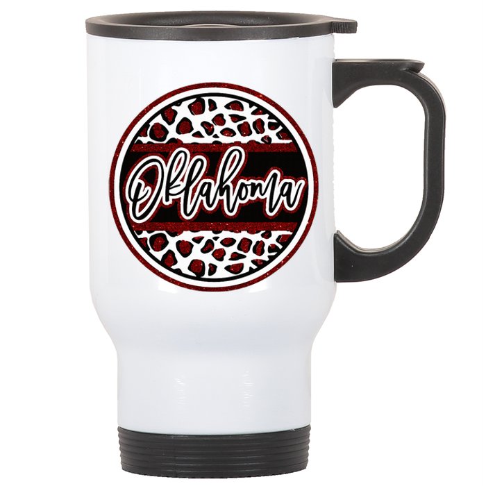 Oklahoma Leopard Ok Varsity Style Red Text Stainless Steel Travel Mug