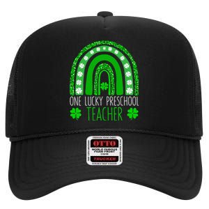 One Lucky Preschool Teacher St Patricks Day Funny Rainbow High Crown Mesh Back Trucker Hat