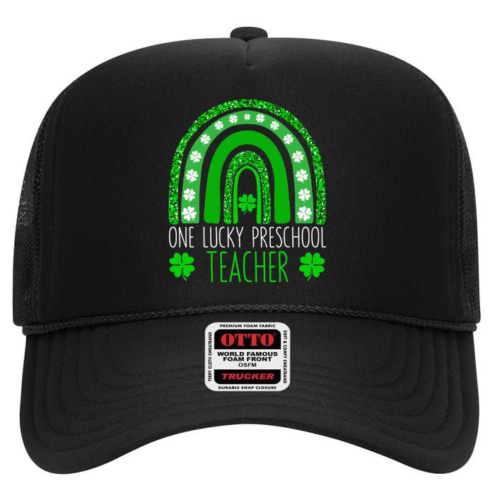 One Lucky Preschool Teacher St Patricks Day Funny Rainbow High Crown Mesh Back Trucker Hat