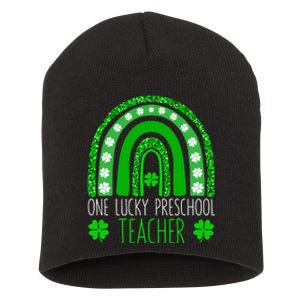 One Lucky Preschool Teacher St Patricks Day Funny Rainbow Short Acrylic Beanie