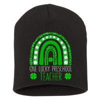 One Lucky Preschool Teacher St Patricks Day Funny Rainbow Short Acrylic Beanie