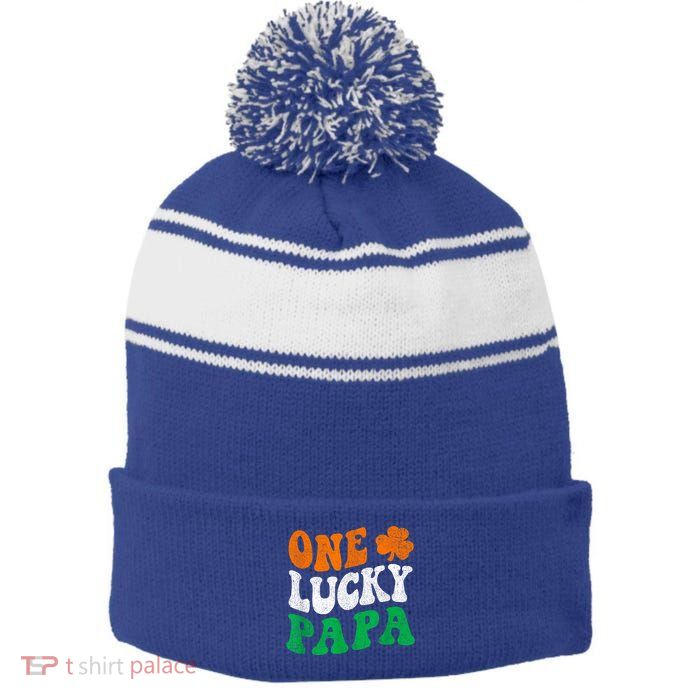 One Lucky Papa Retro Irish Flag Matching St Patricks Day Stripe Pom Pom Beanie