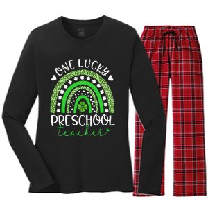 One Lucky Preschool Teacher rainbow St Patricks Day Women's Long Sleeve Flannel Pajama Set 