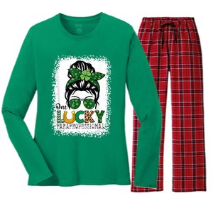 One Lucky Para St Patricks Day Shamrock Paraprofessional Women's Long Sleeve Flannel Pajama Set 