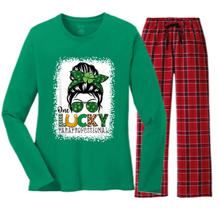 One Lucky Para St Patricks Day Shamrock Paraprofessional Women's Long Sleeve Flannel Pajama Set 