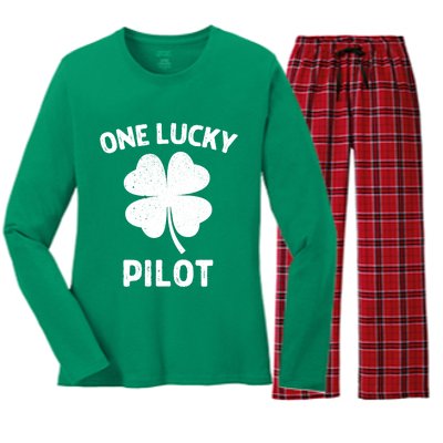 One Lucky Pilot St Patricks Day Green Shamrock Leaf Women's Long Sleeve Flannel Pajama Set 