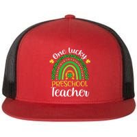 One Lucky Preschool Teacher St Patricks Day Teacher Rainbow Graphic Plus Size Flat Bill Trucker Hat