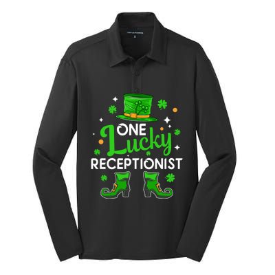 One Lucky Receptionist St Patricks Day Leprechaun Gift Silk Touch Performance Long Sleeve Polo