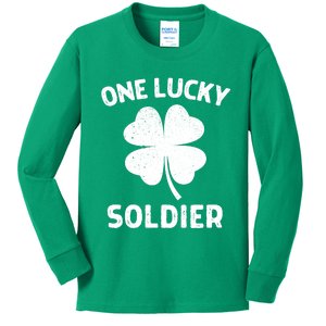 One Lucky Soldier St Patricks Day Green Shamrock Leaf Kids Long Sleeve Shirt