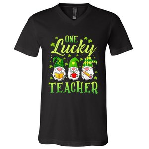 One Lucky Teacher Irish Gnome Leopard Patricks Day V-Neck T-Shirt