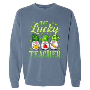 One Lucky Teacher Irish Gnome Leopard Patricks Day Garment-Dyed Sweatshirt