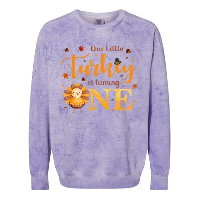 Our Little Turkey Is Turning One Boy 1st Birthday Girl Colorblast Crewneck Sweatshirt