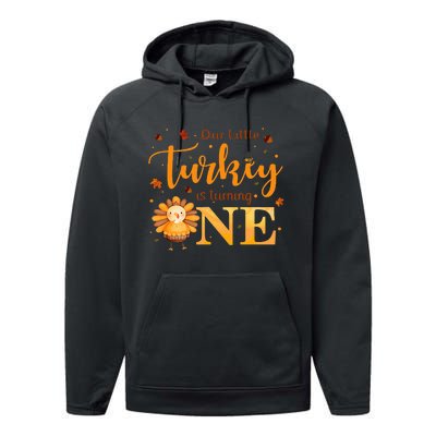 Our Little Turkey Is Turning One Boy 1st Birthday Girl Performance Fleece Hoodie