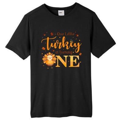 Our Little Turkey Is Turning One Boy 1st Birthday Girl Tall Fusion ChromaSoft Performance T-Shirt