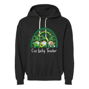 One Lucky Teacher Gnomes Happy St Patricks Day Rainbow Gnome Garment-Dyed Fleece Hoodie