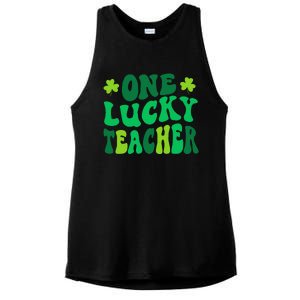 One Lucky Teacher Retro Groovy Shamrock St Patricks Day Ladies PosiCharge Tri-Blend Wicking Tank