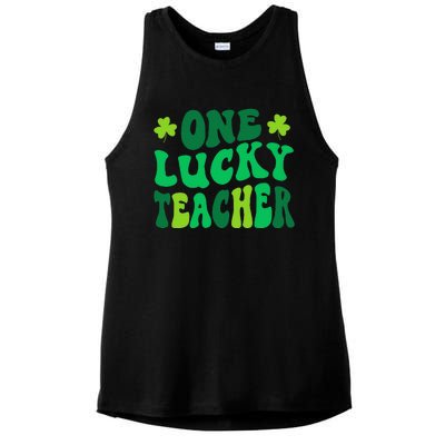 One Lucky Teacher Retro Groovy Shamrock St Patricks Day Ladies PosiCharge Tri-Blend Wicking Tank