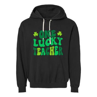 One Lucky Teacher Retro Groovy Shamrock St Patricks Day Garment-Dyed Fleece Hoodie