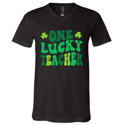 One Lucky Teacher Retro Groovy Shamrock St Patricks Day V-Neck T-Shirt