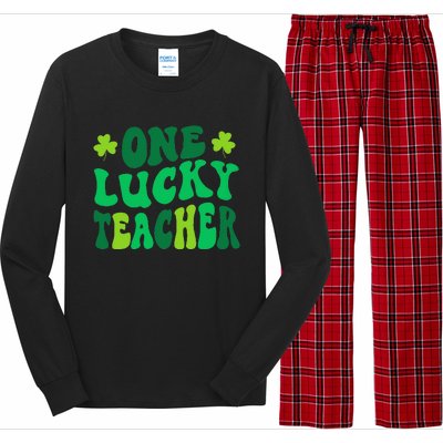 One Lucky Teacher Retro Groovy Shamrock St Patricks Day Long Sleeve Pajama Set