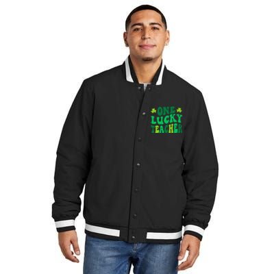 One Lucky Teacher Retro Groovy Shamrock St Patricks Day Insulated Varsity Jacket