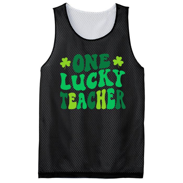 One Lucky Teacher Retro Groovy Shamrock St Patricks Day Mesh Reversible Basketball Jersey Tank