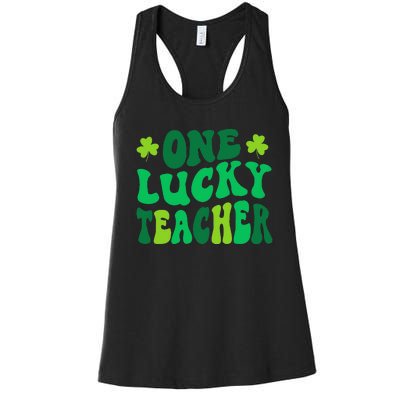 One Lucky Teacher Retro Groovy Shamrock St Patricks Day Women's Racerback Tank