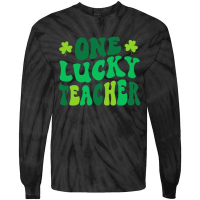 One Lucky Teacher Retro Groovy Shamrock St Patricks Day Tie-Dye Long Sleeve Shirt