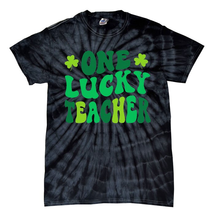 One Lucky Teacher Retro Groovy Shamrock St Patricks Day Tie-Dye T-Shirt