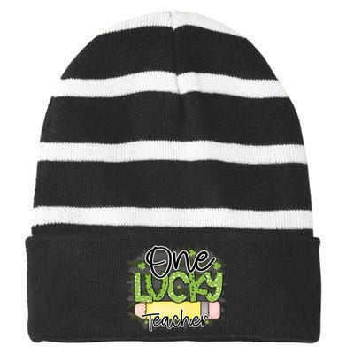 One Lucky Teacher Main File Striped Beanie with Solid Band