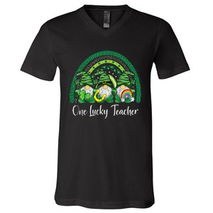 One Lucky Teacher Gnomes Happy St Patricks Day Rainbow Gnome V-Neck T-Shirt