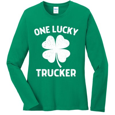 One Lucky Trucker St Patricks Day Green Shamrock Leaf Ladies Long Sleeve Shirt