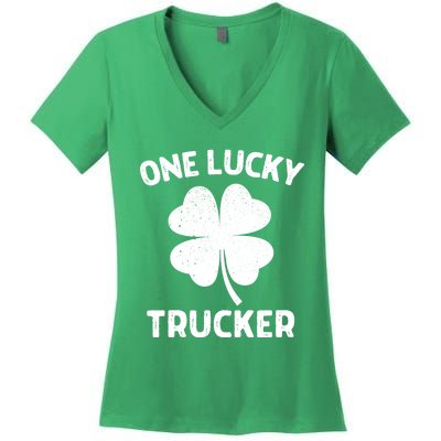 One Lucky Trucker St Patricks Day Green Shamrock Leaf Women's V-Neck T-Shirt