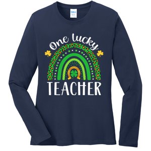 One Lucky Teacher St Patricks Day Teacher Rainbow Graphic Plus Size Ladies Long Sleeve Shirt