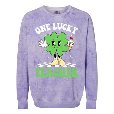 One Lucky Teacher Retro Groovy Shamrock St Patricks Day Colorblast Crewneck Sweatshirt