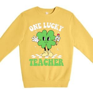 One Lucky Teacher Retro Groovy Shamrock St Patricks Day Premium Crewneck Sweatshirt