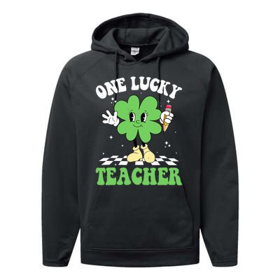 One Lucky Teacher Retro Groovy Shamrock St Patricks Day Performance Fleece Hoodie