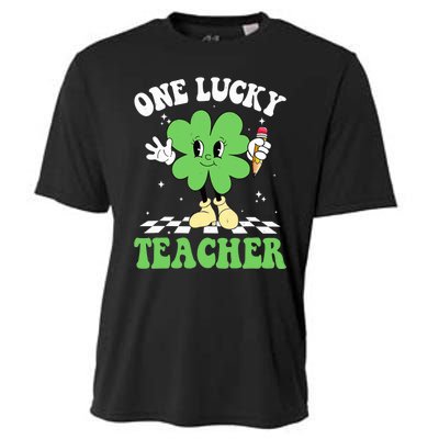 One Lucky Teacher Retro Groovy Shamrock St Patricks Day Cooling Performance Crew T-Shirt