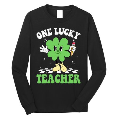 One Lucky Teacher Retro Groovy Shamrock St Patricks Day Long Sleeve Shirt