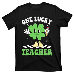 One Lucky Teacher Retro Groovy Shamrock St Patricks Day T-Shirt