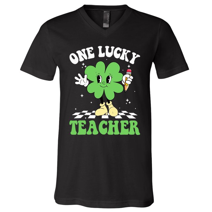 One Lucky Teacher Retro Groovy Shamrock St Patricks Day V-Neck T-Shirt