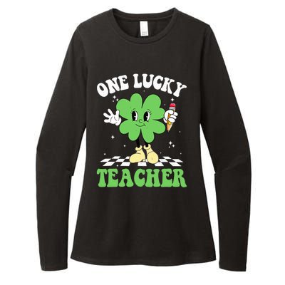 One Lucky Teacher Retro Groovy Shamrock St Patricks Day Womens CVC Long Sleeve Shirt