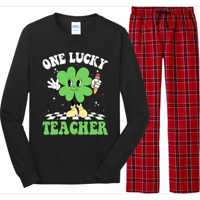 One Lucky Teacher Retro Groovy Shamrock St Patricks Day Long Sleeve Pajama Set