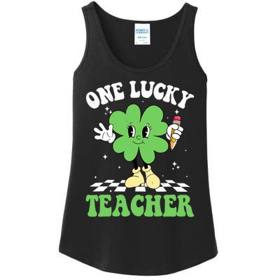 One Lucky Teacher Retro Groovy Shamrock St Patricks Day Ladies Essential Tank