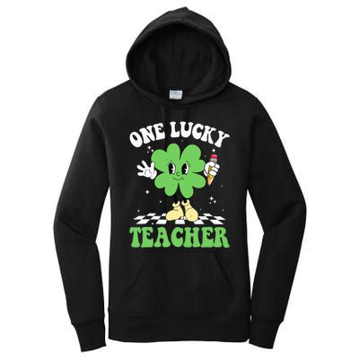 One Lucky Teacher Retro Groovy Shamrock St Patricks Day Women's Pullover Hoodie