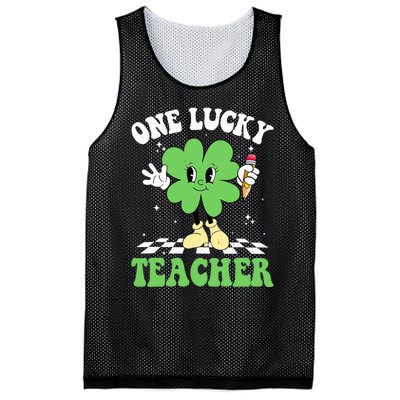 One Lucky Teacher Retro Groovy Shamrock St Patricks Day Mesh Reversible Basketball Jersey Tank