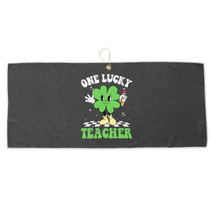 One Lucky Teacher Retro Groovy Shamrock St Patricks Day Large Microfiber Waffle Golf Towel