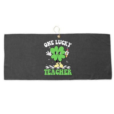 One Lucky Teacher Retro Groovy Shamrock St Patricks Day Large Microfiber Waffle Golf Towel